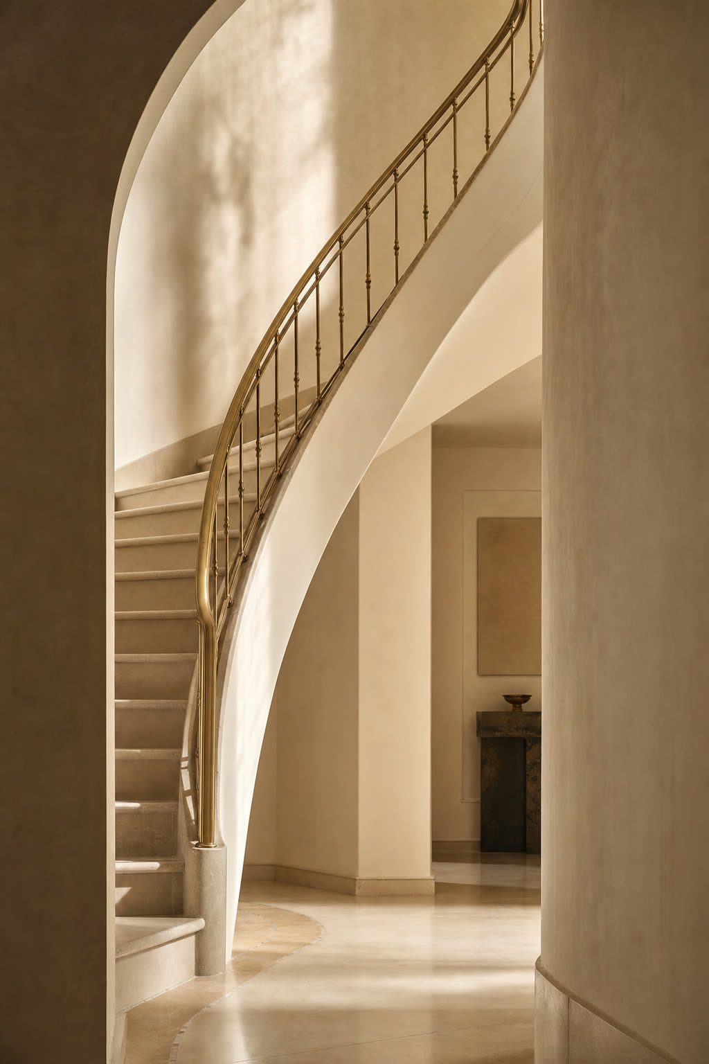 A sculptural curved staircase with a brass railing in an ivory-plastered interior