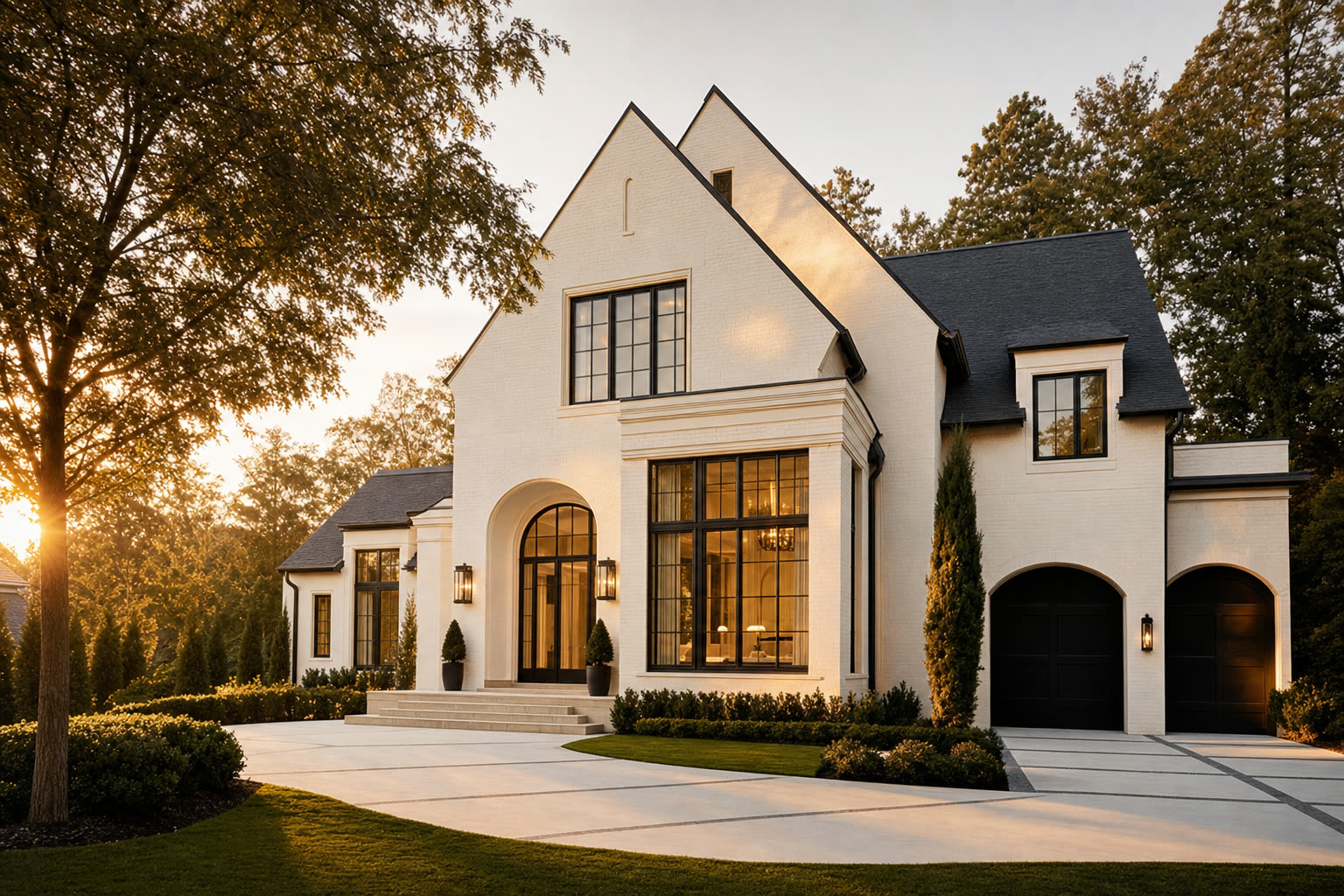 An elegant ivory brick luxury home at golden hour in a leafy metro Atlanta neighborhood