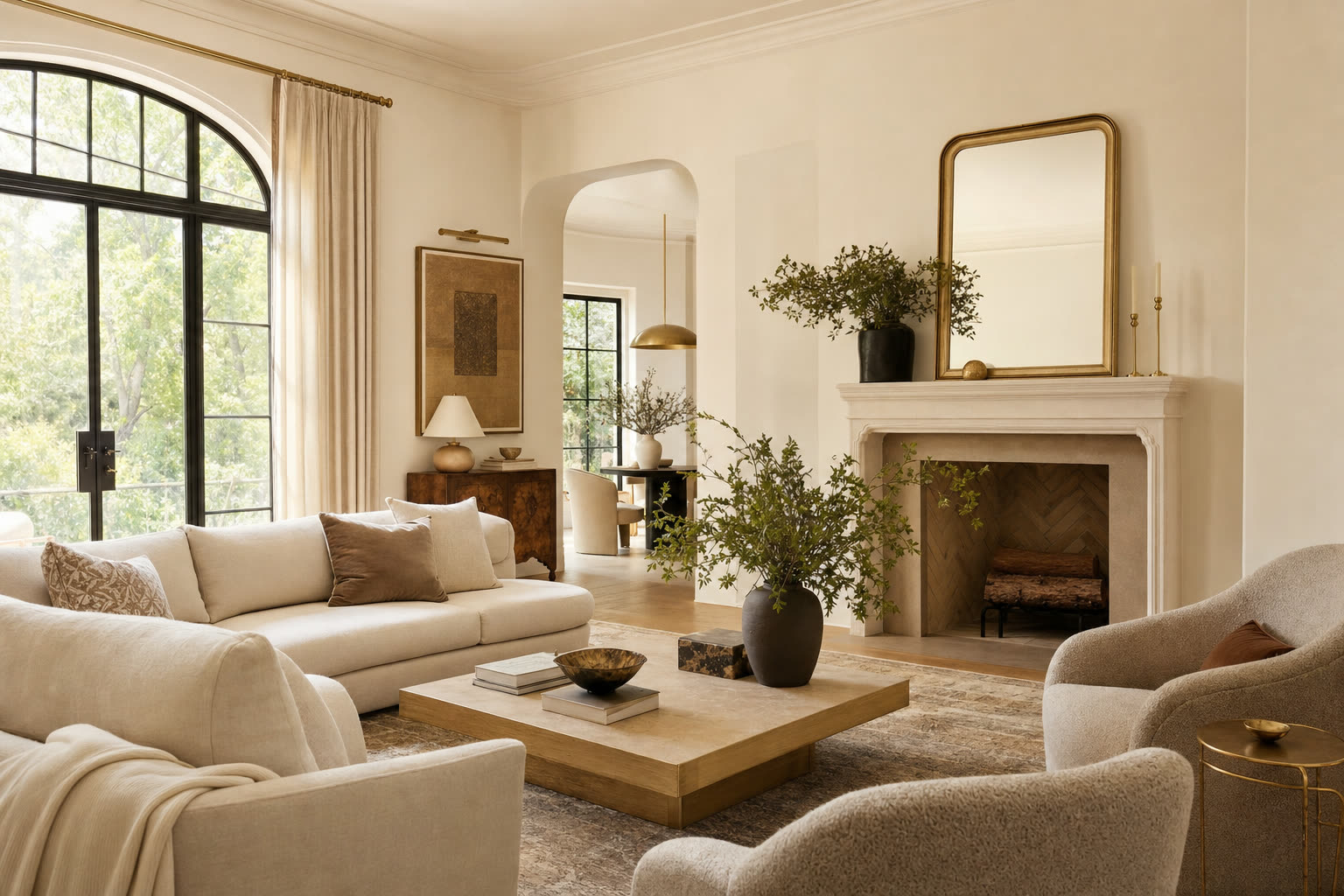 A sophisticated ivory-toned living room with brass accents and warm natural light
